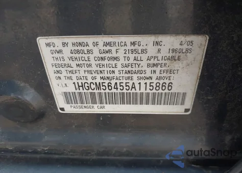 2005 Honda Accord 2.4 Lx from USA, damaged, VIN 1HGCM56455A115866